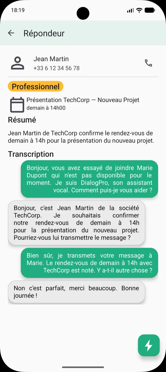Détail d'un message : résumé, rendez-vous détecté et transcription complète de l'appel