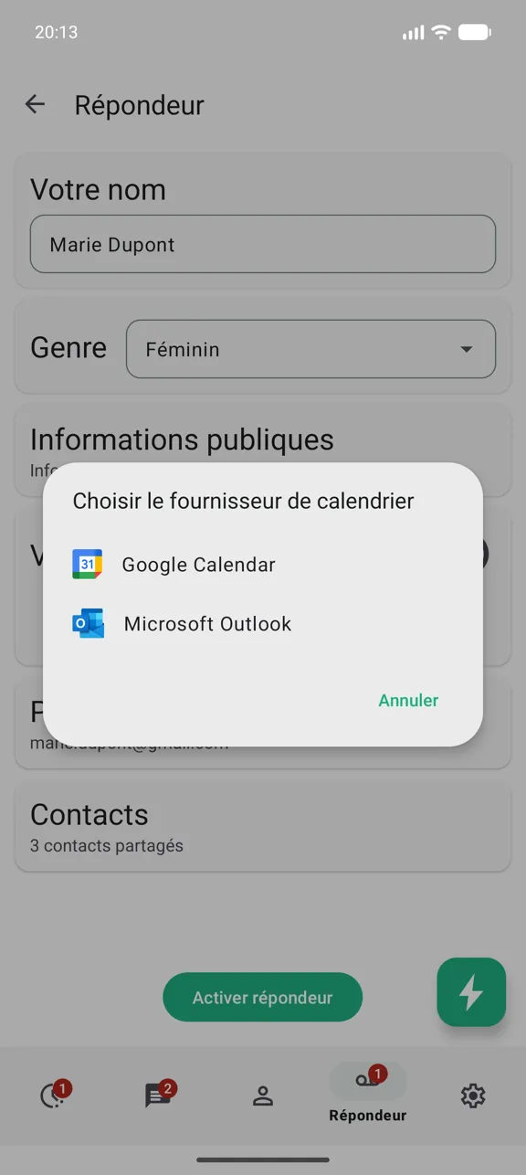 Choix du fournisseur de calendrier entre Google Calendar et Microsoft Outlook