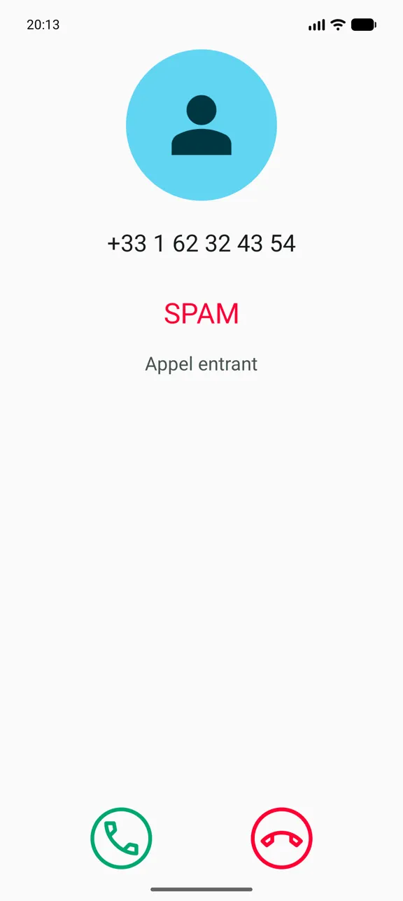 Appel entrant affiché en rouge avec la mention SPAM avant décrochage
