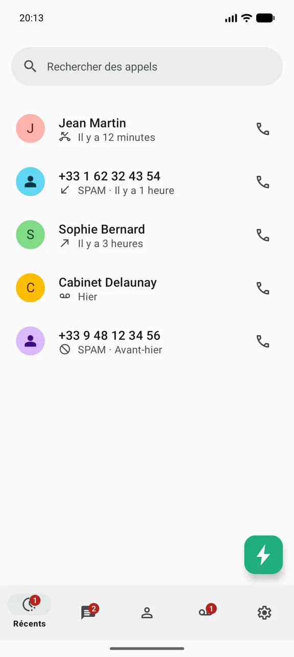 Journal d'appels où deux numéros sont marqués SPAM