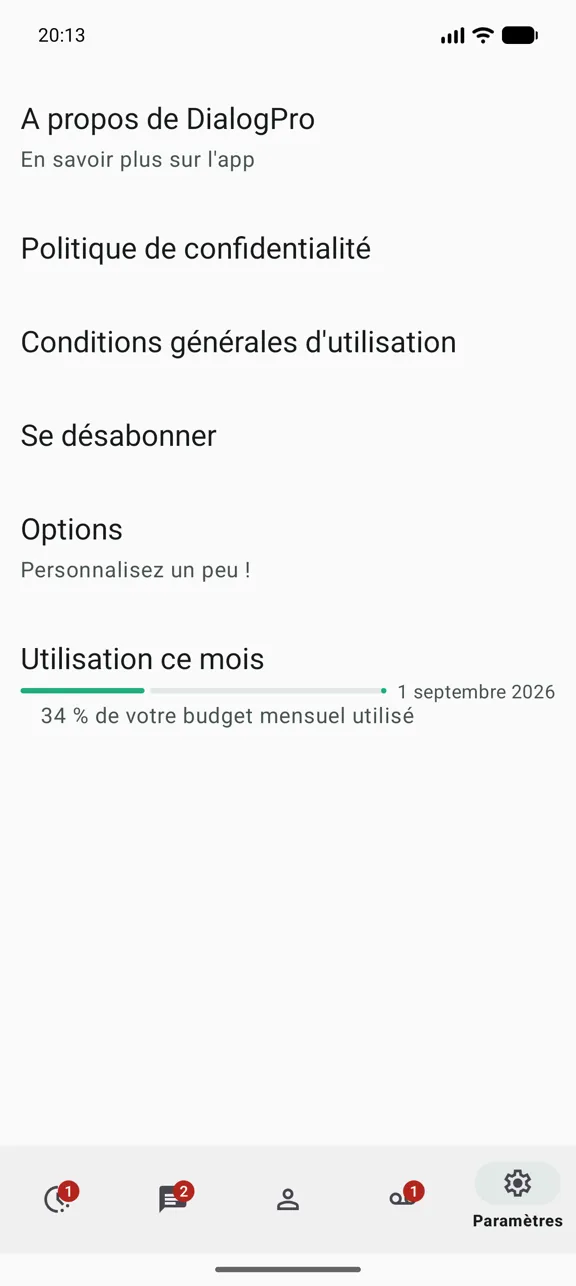Écran de réglages affichant la part du budget mensuel déjà consommée