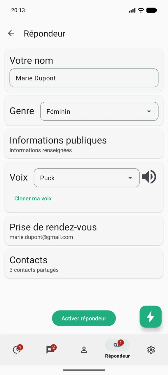 Écran de réglages du répondeur : nom, genre, informations publiques, voix, prise de rendez-vous et contacts partagés