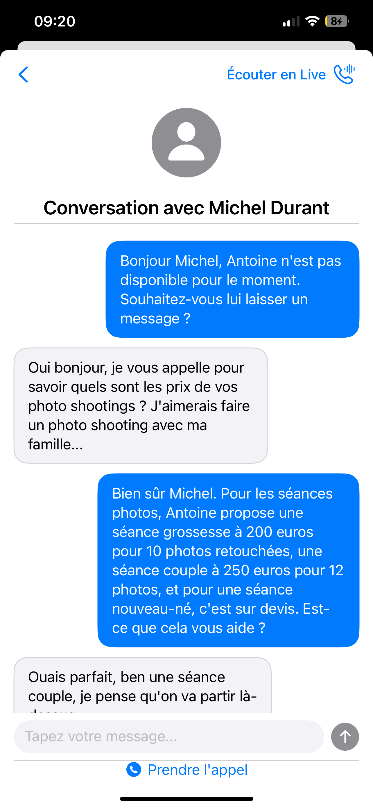 Live transcript screen