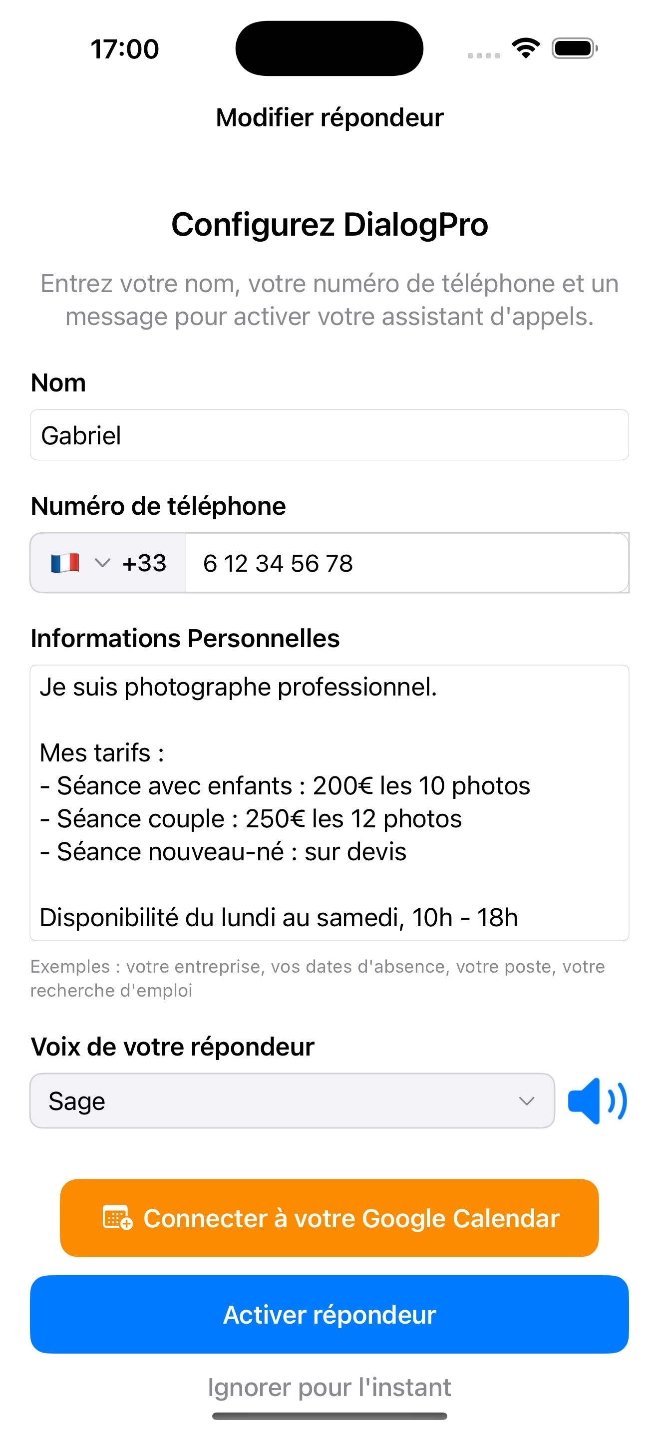 Registration and settings screen